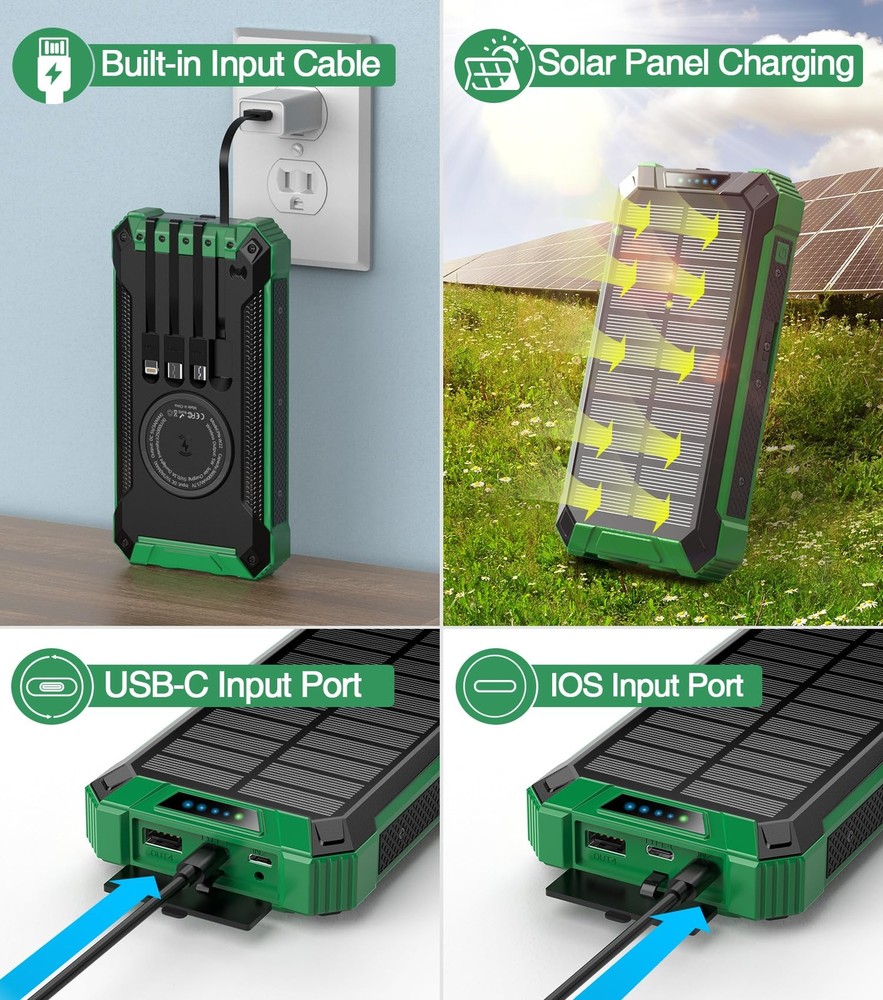 36000mAh Wireless Power Bank with 4 Built-in Cables, 6 Outputs & 15W Fast Charging