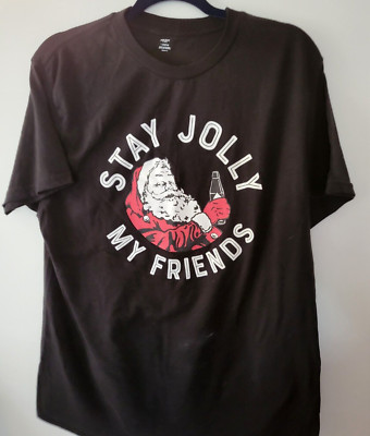 STAY JOLLY My Friends Christmas Holiday Soft Black T-shirt L 42-44 Santa