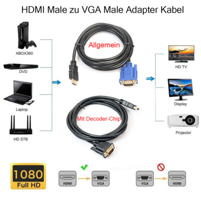 1,8M HDMI zu VGA Kabel HD Männlich Hight Qualität Adapter 1080P D-Sub-Stecker