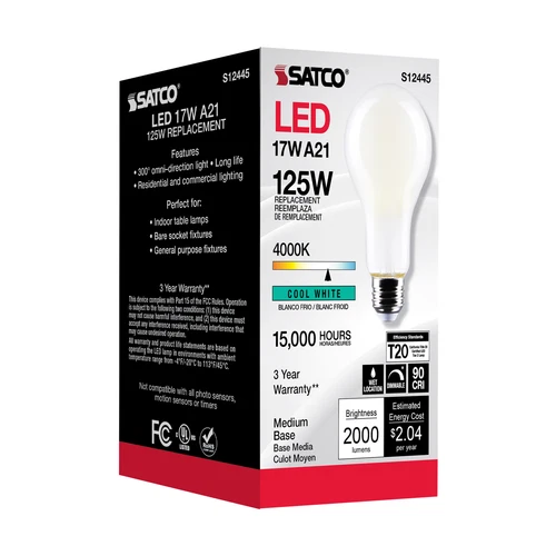 Satco S12445 LED 120 Volt 17W =125W A21 Medium E26 Dimmable 4000K Cool White - Picture 11 of 12