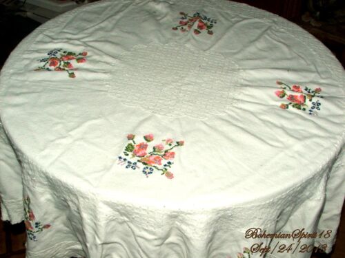 ANTIGUA DÉCADA DE 1930 ROPA DE MESA REDONDA BORDADA A MANO ROPA DE CAMA FRANCESA DE COLECCIÓN - Imagen 3 de 6
