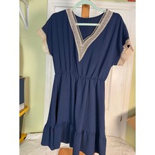 Shein Navy Blue Crochet Lace Trim V-Neck Mini Dress Ruffle Hem Size M US 6