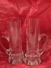 Vtg Set Of 2 Princess House Etched Cordial Handled Crystal Handblown Glasses 4" 
