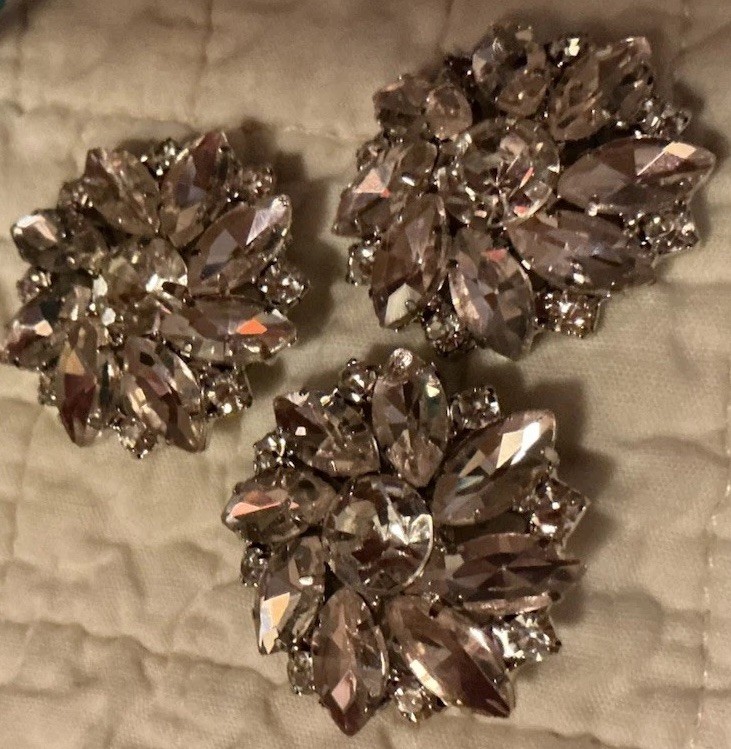 Sparkling Rhinestone buttons; domed, shank-type, Pink And Silver  Lot Of 3