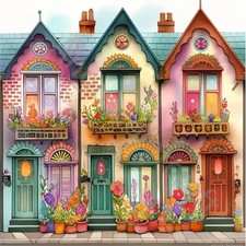 5D Full Drill Whimsical Terrace Houses Diamond Painting Kit - Colorful Flower-Fi