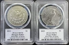 2023-P Morgan & Peace Dollar 2 Coin Set FDOI PCGS MS70 David Hall Hand Signed