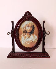 Vintage Ornate Victorian Oval Swivel Faux Carved Cherry Wood Picture Frame 11"