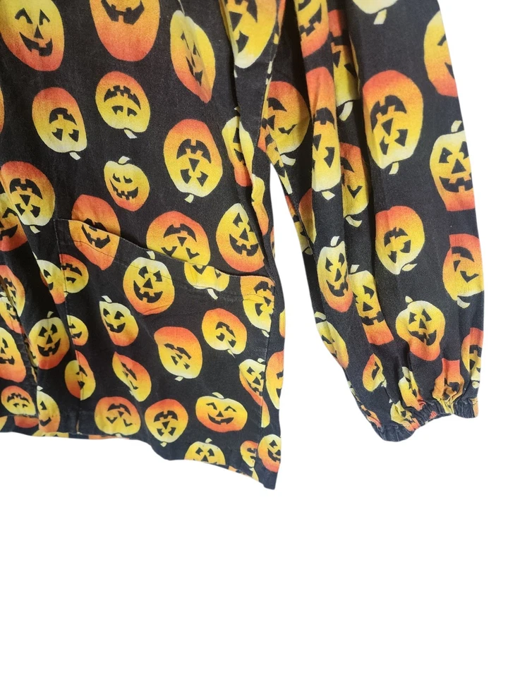 Blusa esfoliante de Halloween abóbora Jack-o-lantern manga comprida com botão para cima sem marca - Imagem 3 de 4