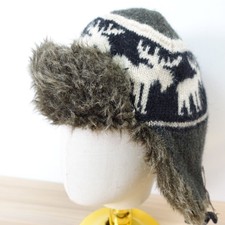 Trapper Hat Kids Green Reindeer Wool Aviator Faux Fur Trim Winter BLACK RIVET