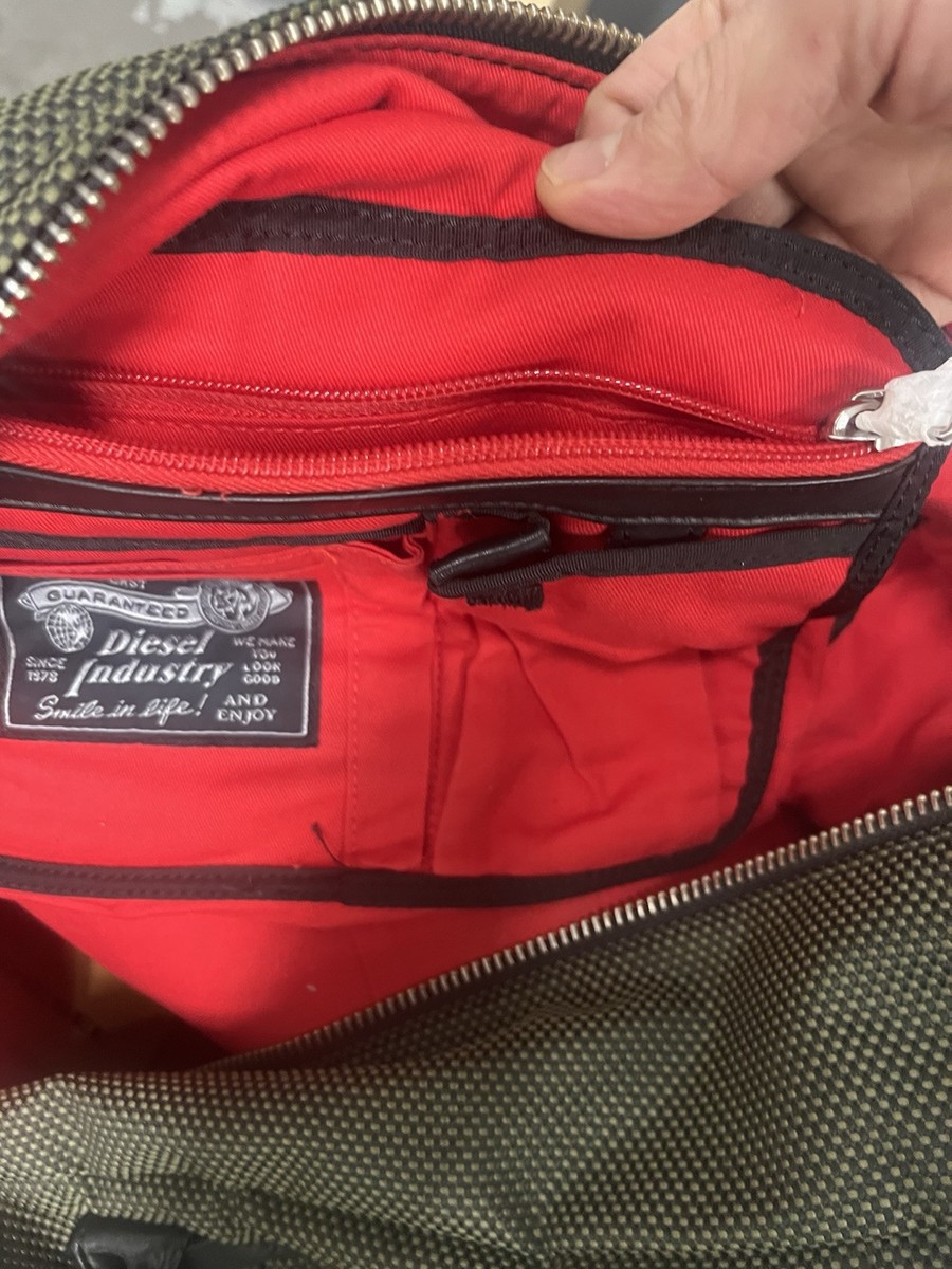 Vintage Diesel Green & Black Leather Duffle Bag – Red Lining – Y2K