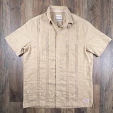Scotch  Soda Mens S Beige Short Sleeve Linen Blend S/S Button Down Pintuck Pool
