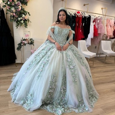 Sage Green Quinceanera Dresses Lace Applique Beaded Bow Prom Ball Gowns  Sweet 16 | eBay