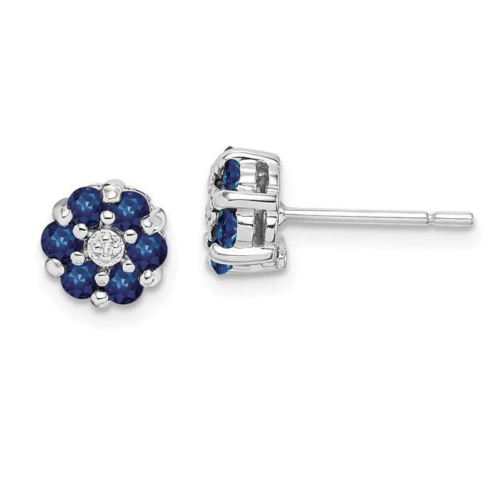 10K White Gold Blue Sapphire And Cubic Zirconia Flower Post Women's Earrings  - Picture 1 of 3