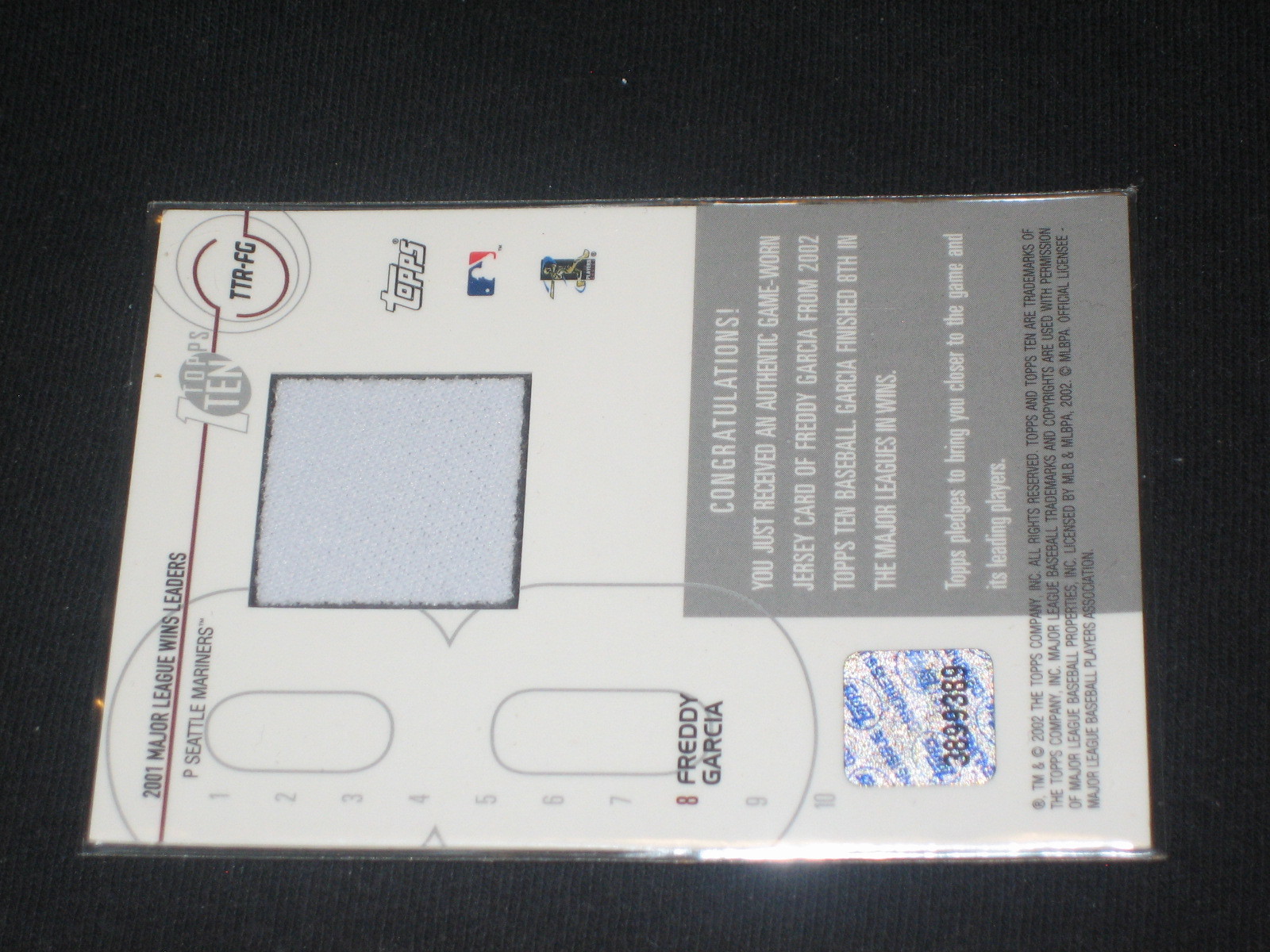FREDDY GARCIA MARINERS LEGEND CERTIFIED AUTHENTIC BASEBALL GAME USED JERSEY CARD view 2