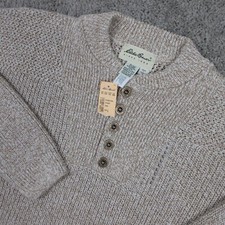 Eddie Bauer Sweater Mens Large Beige Henley Chunky Knit Pullover Outdoor miUSA