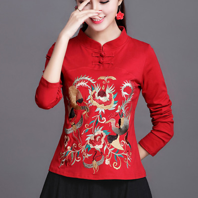 Chinese Womens Casual Embroidery Shirt Mandarin Collar Flare Sleeve Blouse Tops