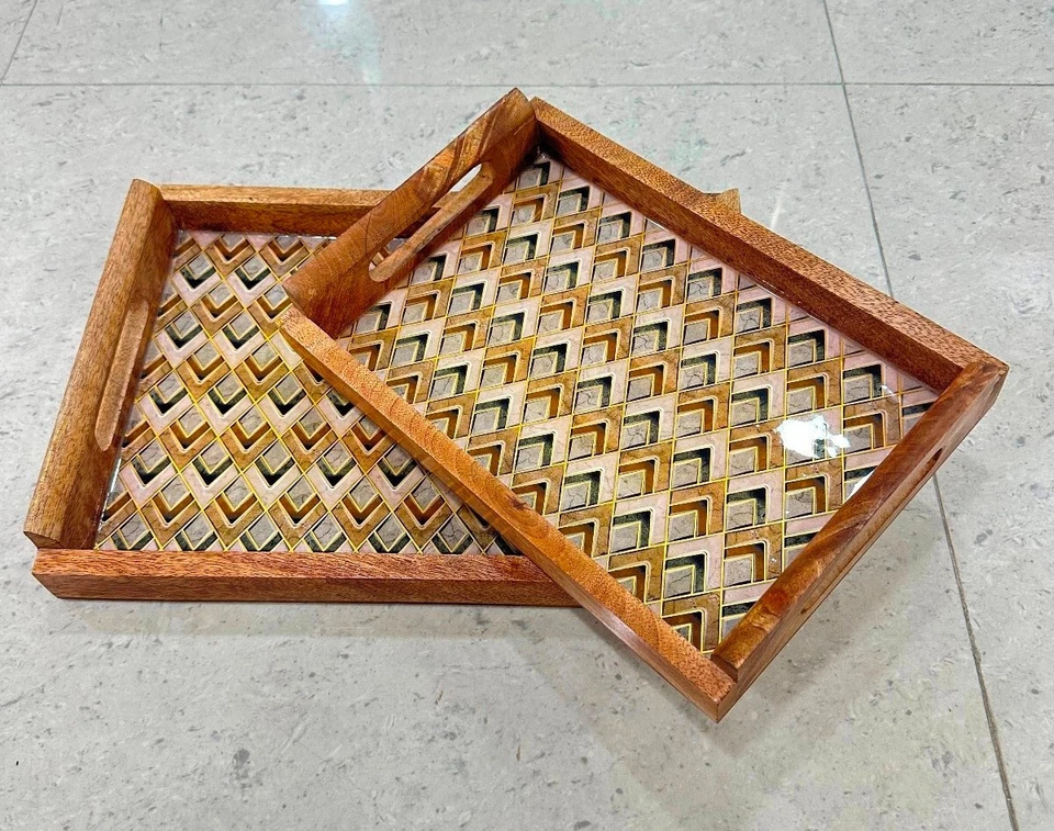 Kitchen & Dining Wooden Serving Tray Set of 2 - Large Tray with Handles 16" x 13 - Image 4 of 4