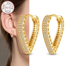 KUNSIR 925 Sterling Silver Gold Heart Shape Huggie Hoop Earrings Women Girl Gift