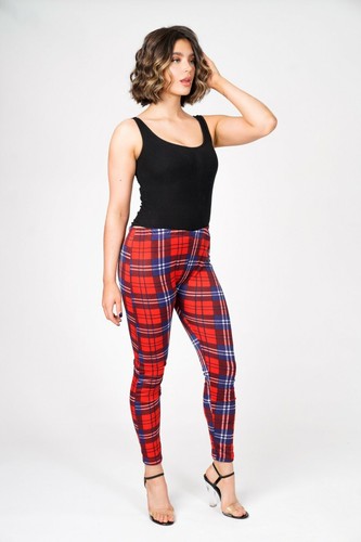 Women's Red Tartan Leggings Casual Plaid High Waist Skinny Stretchy Jegging Pant - Picture 4 of 8