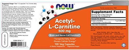NOW® Acetyl-L-Carnitine, 500 mg, 100 Veg Caps   - Picture 3 of 26