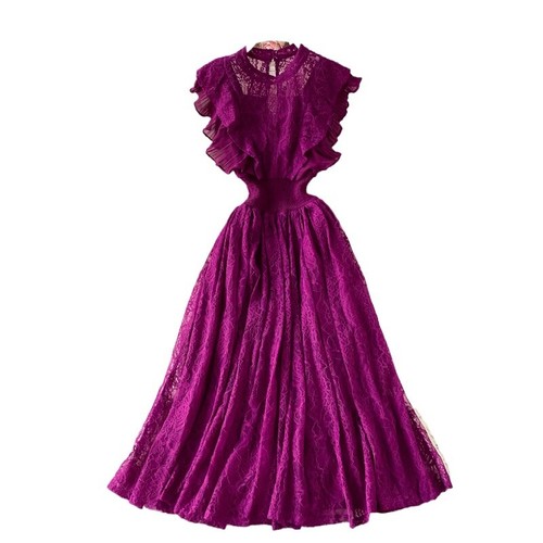 Femme Dentelle Floral Robe Midi sans Manche Ruche Swing Décontracté Elegant Mode - Picture 17 of 19
