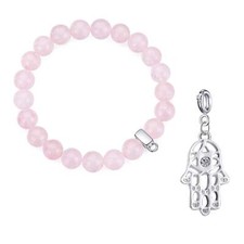 Rose Quartz Gemstone Bracelet with Hamsa Hand Charm Created with Zircondia® Crys