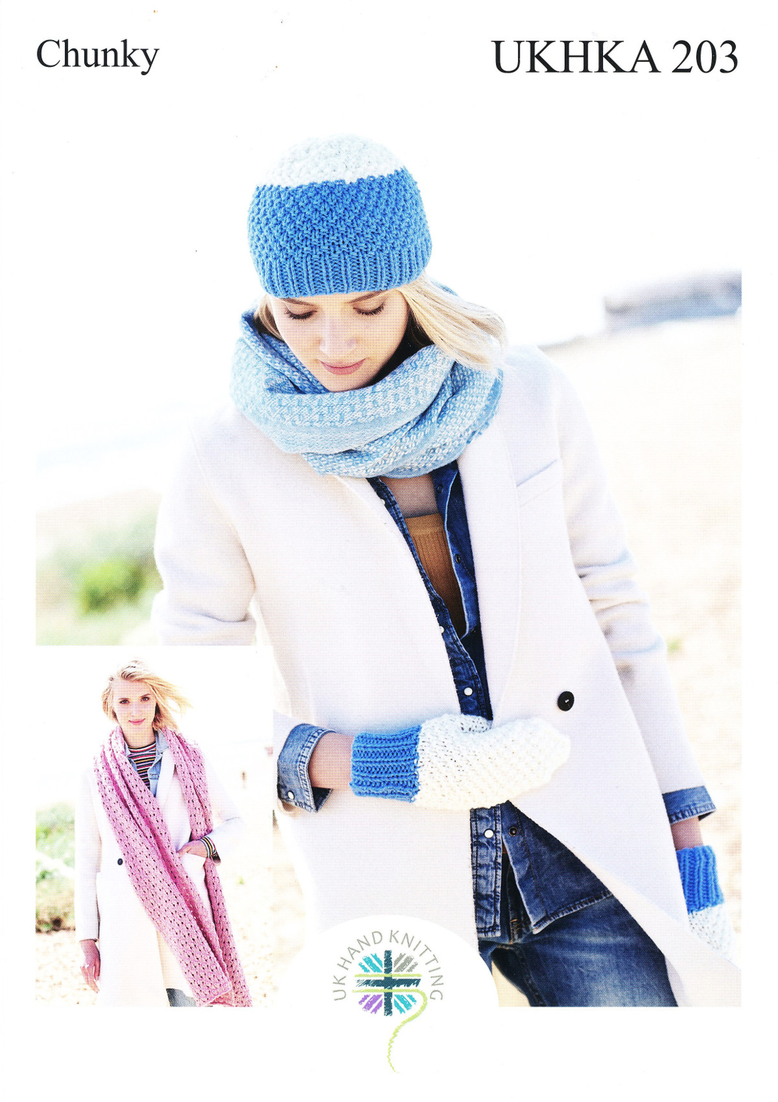Chunky Knitting Pattern - Ladies Winter Accessories Hat Mittens Scarf UKHKA 203