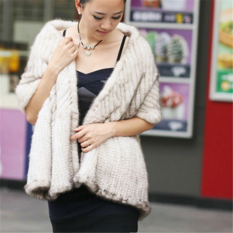 Женщин вязаный норки обертки реальный мех длинные шарфы в полоску двойного назначения шарф шали - Изображение 3 из 4