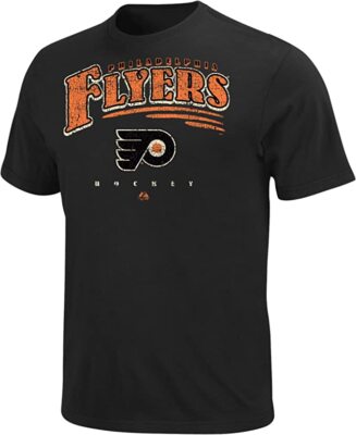 Philadelphia Flyers Distressed Backhand Shot Short Sleeve T Shirt (Medium)