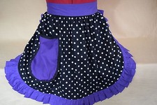 RETRO VINTAGE 50s STYLE HALF APRON / PINNY - BLACK & WHITE SPOT with PURPLE TRIM