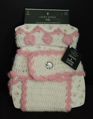 Laura Ashley Baby Crocheted Diaper Cover Crown Pink Ruffles pc Set 
