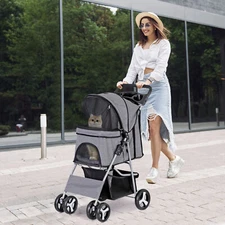 Pet Stroller Cat Dog Cage 4 Wheels Foldable Carrier Strolling Cart Travel Gray