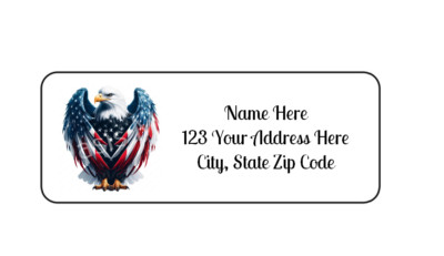 30 Patriotic Eagle PERSONALIZED RETURN ADDRESS LABELS 1 in X 2 5/8 GLOSSY