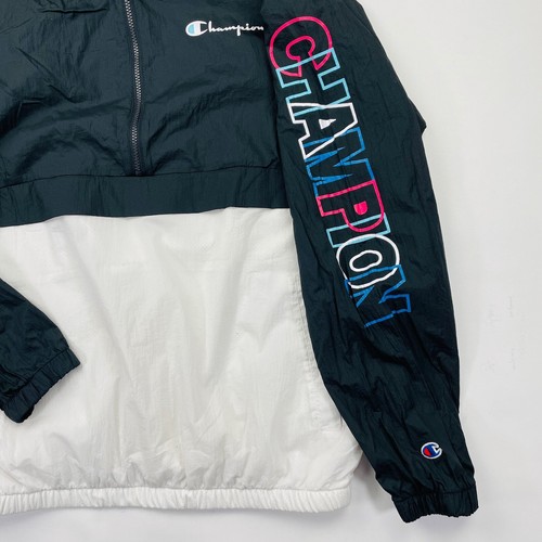 Giacca a vento vintage Champion anni 90 Y2K uomo XL multicolore retrò cappuccio mezza zip - Foto 4 di 7