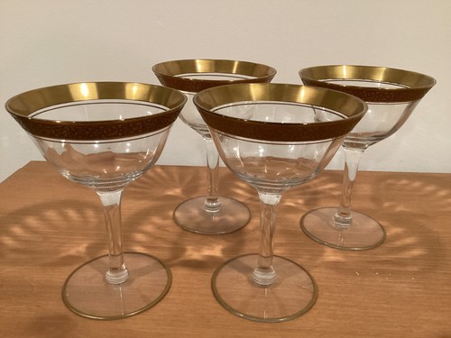 Set 4 Tiffin Franciscan Minton Vintage Optic Small Champagne Glasses Gold Trim - Picture 2 of 10