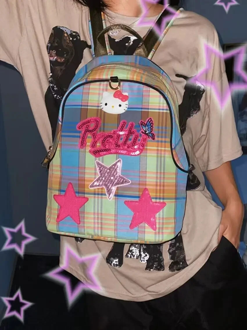 Hello Kitty Plaid Appliqué Backpack Y2K Star Patch Pretty  display picture 1
