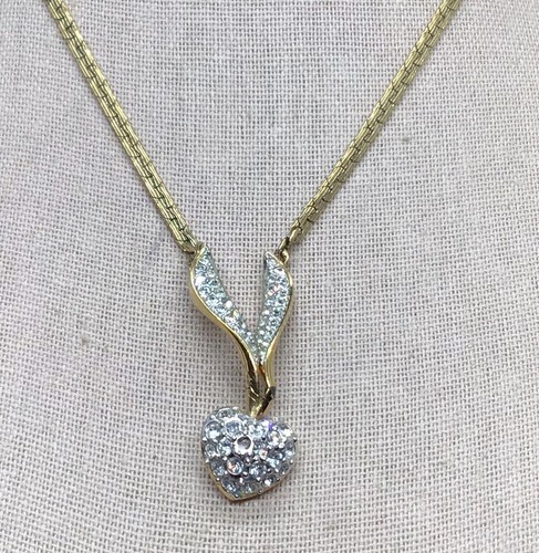 Vintage Signed "A&S" Costume Clear Rhinestone Heart Pendant Necklace 16" B264