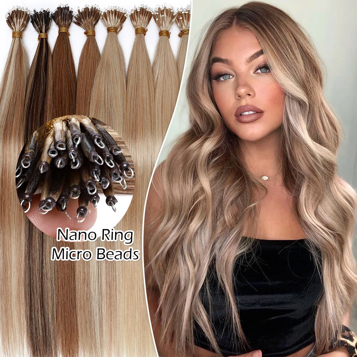 200PCS Thick 100 Remy Human Hair Extensions Nano Ring Micro Beads Balayage 1G S
