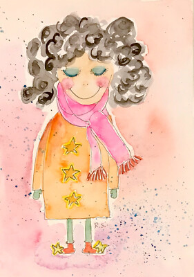 Original. Aquarell Mädchen Kind Engel Postkarte Winter Bild Weihnachten  Advent