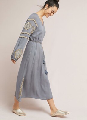 New Anthropologie Riya Celestia Beaded Embroidered Tunic Midi Dress sz Small
