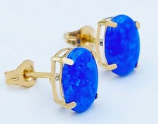 GENUINE 2.06 Cts BLUE OPAL STUD EARRINGS 14k YELLOW GOLD - Free Appraisal - NWT