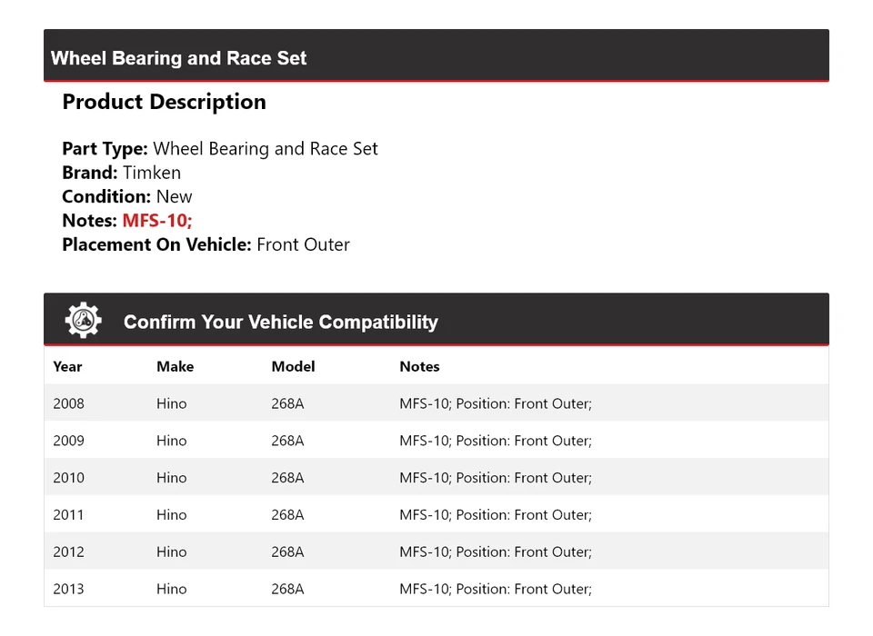 For 2008-2013 Hino 268A Wheel Bearing and Race Set Front Outer Timken 2009 2010 - Image 2 of 4