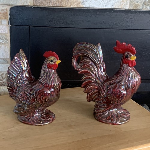 Vintage Pair Ceramic Chickens, Rooster & Hen , Iridescent Paint - Picture 2 of 9