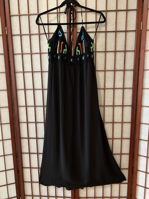 NWT Coco Cabana long black halter dress w embroidered woven top Size M