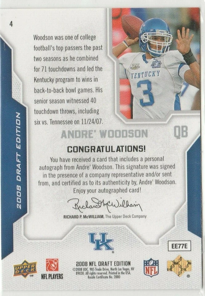 2008 UD NFL Draft Edition Andre Woodson Rookie Auto Card #15/125   Kentucky - Image 2 of 2
