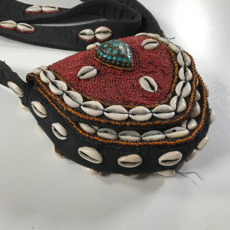 Vintage Beaded Tribal Bag Red Orange White Shells Sterling Silver Turquoise - Image 3 of 4