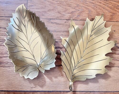 2 Vintage Neocraft Gold Tone Metal Fall Leaf Decor Trinket Table Dish Set Lot