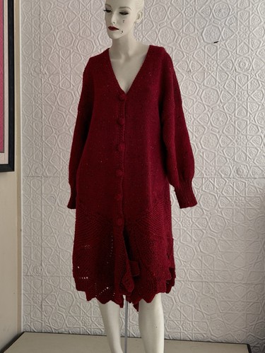 Hand Knit Vintage 1990s Artisan Knit Sweater Dress-cardigan-OS-Holiday-Red-Wild - Picture 3 of 24