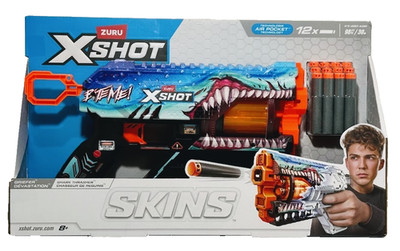 ZURU X-Shot Skins  Griefer Devastation  Shark Blaster w/12 Darts Air Pocket Tech
