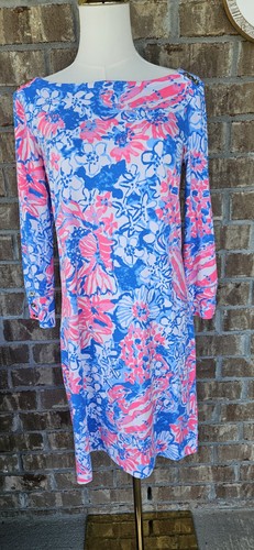 Lilly Pulitzer Sophie Dress Pink Blue White Floral UPF 50 Size M Rayon Spandex 